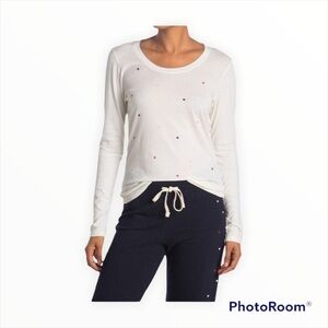 Sundry White Crew Neck Sweater with Heart Accents